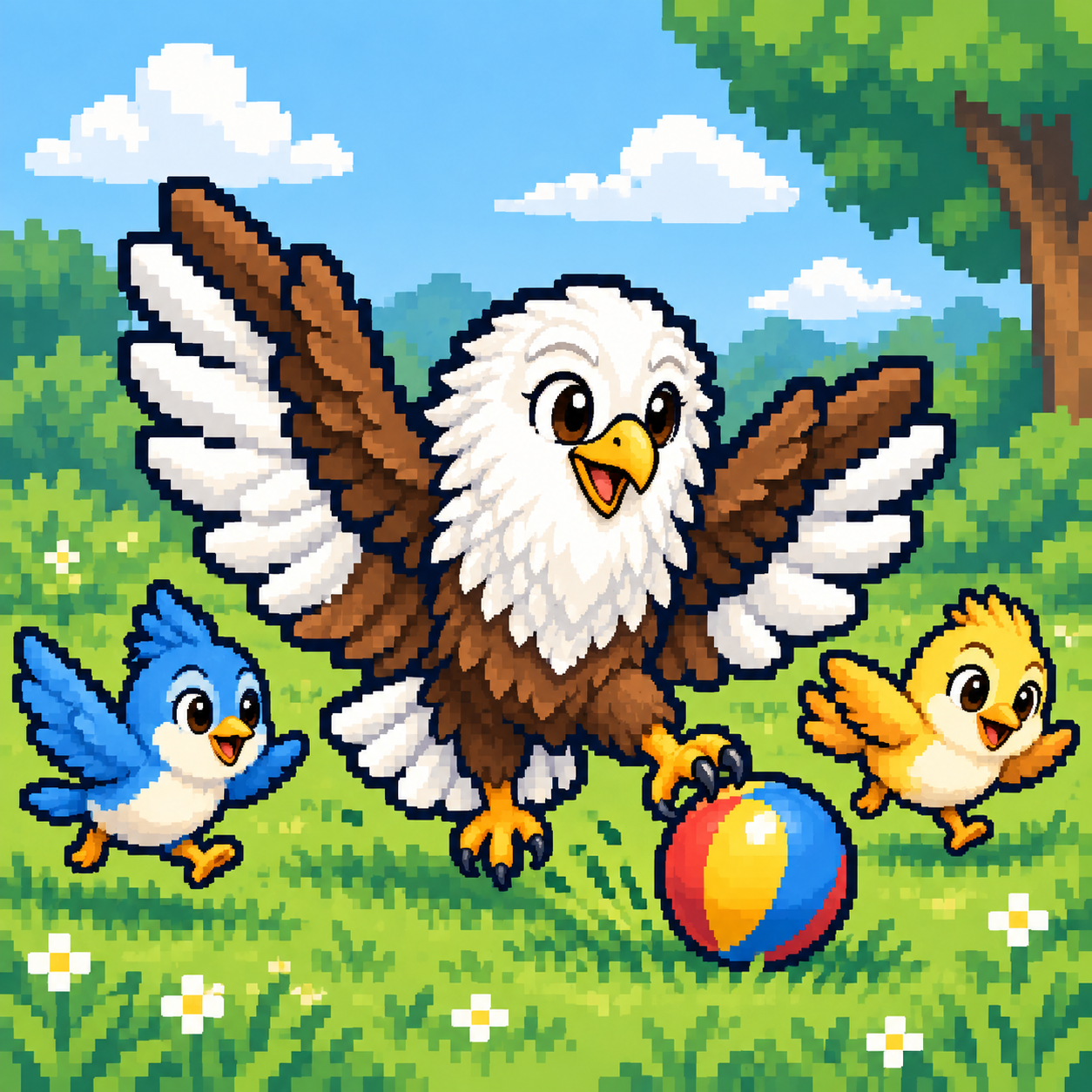 Pixel eagle and two bird friends playing ball in a sunny meadow