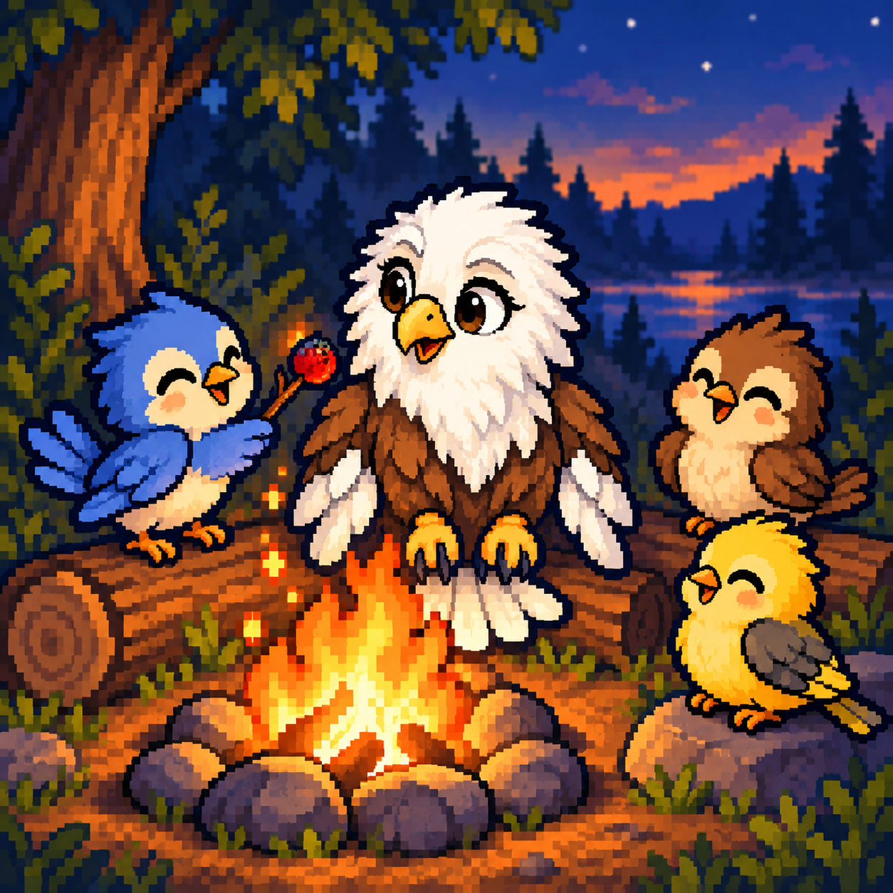 Pixel eagle and bird friends gathered around a lakeside campfire at dusk